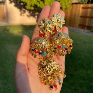 Gold and Multicolor Jhumka Earrings and Tikka